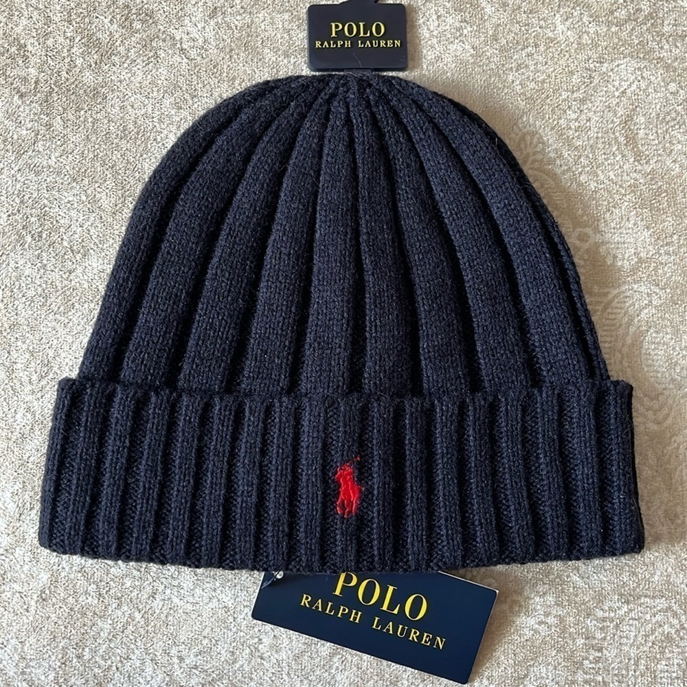 Brand New Polo Ralph Lauren Navy Blue Knit w/ Red Pony 50% Wool Beanie Hat